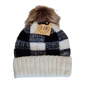 New Beanie Ivory Womens Plaid Cable Knit Hat Warm Lined Pom Pom Hat Warm Winter
